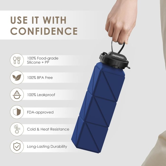 INNERNEED Collapsible Drinking Water Bottle with Straw, Reuseable Leakproof BPA Free Silicone Foldable Sports Gym Bottle, with Carrying Strap (1pack, Dark Blue) - Image 5