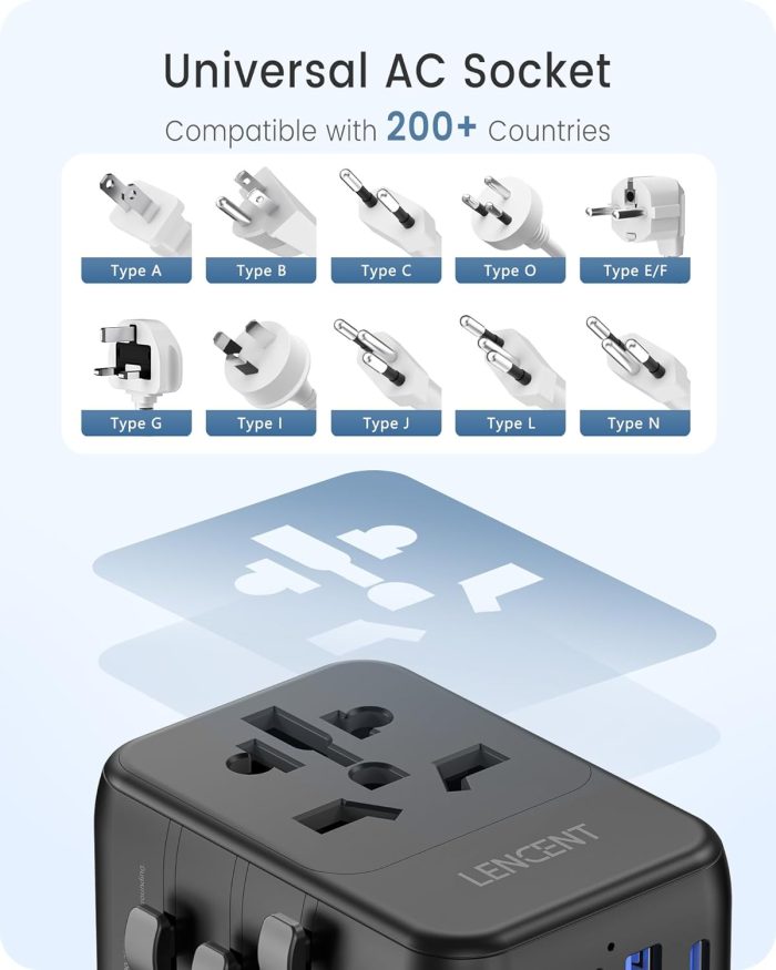 LENCENT Universal Travel Adapter, International Charger 3 USB Ports & Type-C Charging Adaptor Cellphones,Laptop, All in One Travel Plug Adapter Over 200 Countries (USA UK EU AUS) (Black) 651FC - Image 3
