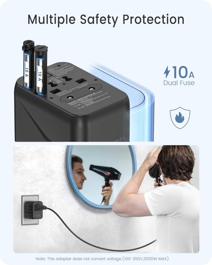LENCENT Universal Travel Adapter, International Charger 3 USB Ports & Type-C Charging Adaptor Cellphones,Laptop, All in One Travel Plug Adapter Over 200 Countries (USA UK EU AUS) (Black) 651FC - Image 6