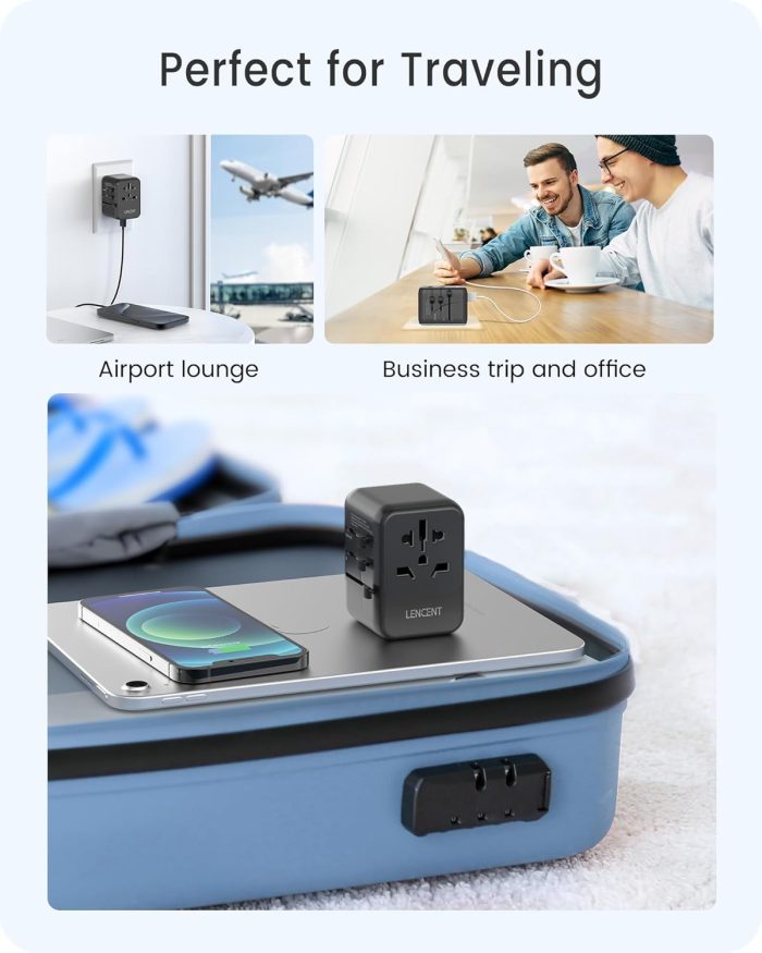 LENCENT Universal Travel Adapter, International Charger 3 USB Ports & Type-C Charging Adaptor Cellphones,Laptop, All in One Travel Plug Adapter Over 200 Countries (USA UK EU AUS) (Black) 651FC - Image 7