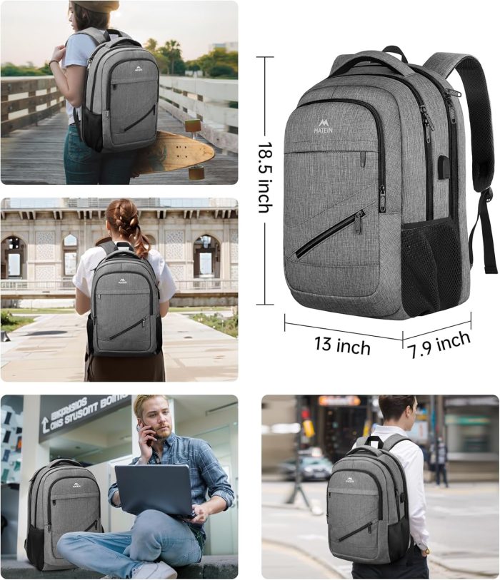 MATEIN Travel Laptop Backpack, 17 Inch Business Flight Approved Carry on Backpack, TSA Large Computer Bag for Men Women with USB Port and Trolley Sleeve, College School Tactical Book Bag, Grey - Image 5