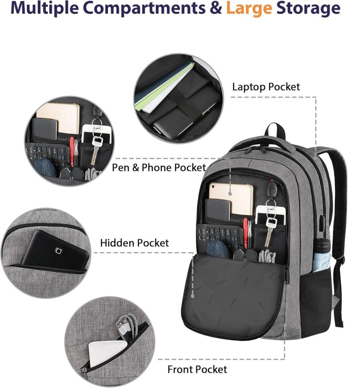 MATEIN Travel Laptop Backpack, 17 Inch Business Flight Approved Carry on Backpack, TSA Large Computer Bag for Men Women with USB Port and Trolley Sleeve, College School Tactical Book Bag, Grey - Image 8